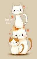 Cute kawaii cats family illustration with mother cat and kittens stacked together, surrounded by floating hearts on beige background. For greeting cards and prints.