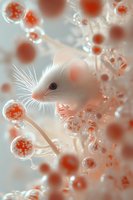 White mouse among translucent red spherical particles in soft pastel colors, creating dreamy scientific atmosphere for medical or research concepts.