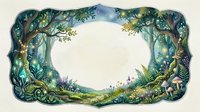 Enchanted forest frame with lush green foliage, magical trees and mystical woodland border creating whimsical nature scene for fairy tale designs.