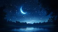Tranquil lake reflects starry night sky with glowing crescent moon above dark forest silhouette, creating serene midnight landscape with shimmering water surface.