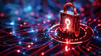 Glowing red padlock on digital circuit with blue light trails and bokeh effects represents cybersecurity and data protection in modern technology networks.