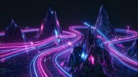 Futuristic neon landscape with glowing pink and blue light trails flowing through dark crystalline rock formations and mountains at night.