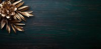 Metallic copper flower decoration on dark emerald green wooden background with copy space for text, luxury minimal design concept.