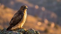 Hawk perched on rocky outcrop in golden sunlight, displaying brown and tan plumage, ideal for wildlife and nature stock photography.