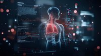 Digital medical interface showing glowing human torso with highlighted respiratory system against dark background with data displays and bokeh effects.