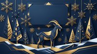 Golden reindeer stands in snowy winter landscape with gold snowflakes and geometric trees on dark blue background. Festive holiday design for seasonal greeting cards and decorations.