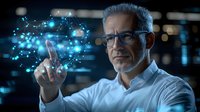 Mature Caucasian businessman in glasses interacting with glowing blue holographic interface against dark background with bokeh lights, demonstrating future technology.
