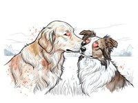 Two adorable dogs nuzzling affectionately in winter landscape with snow-covered mountains. Golden retriever and border collie showing love and friendship.