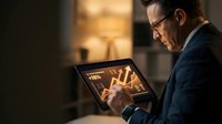 Professional businessman analyzing financial data on tablet computer in modern office environment during evening hours.