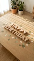 Wooden Happy Birthday letters arranged on a light oak table with green leaf confetti, potted plants in background, natural boho style.