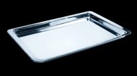 Shiny stainless steel rectangular serving tray isolated on transparent background, ready for restaurant menus, product mockups, clipart, and print on demand designs.