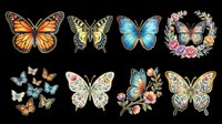 Watercolor butterfly clipart set with floral designs, isolated on transparent background. Great for stickers, t-shirt design, print on demand, and sublimation projects.