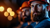 Bearded construction worker in protective helmet at dusk with blurred bokeh lights background. Portrait shows confidence and expertise in industrial setting.