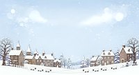 Snowy winter village landscape with traditional cottages, church steeple, bare trees, and falling snow creating festive holiday atmosphere for seasonal greeting cards and winter designs.