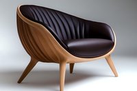 Modern curved wooden armchair with brown leather upholstery featuring ribbed backrest design and organic shell-like form on tapered legs against neutral background.