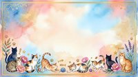 Watercolor cats border frame with floral elements and pastel rainbow background for greeting cards, invitations and decorative designs.