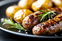 Grilled sausages with roasted baby potatoes and fresh rosemary served on black plate, close up view with selective focus. Appetizing main course.