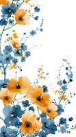 Delicate watercolor floral composition with orange poppies and blue wildflowers on white background, artistic botanical arrangement with splashes and dots.