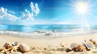 Tropical beach landscape with seashells and starfish on sandy shore, gentle waves rolling in, bright sun and fluffy clouds in turquoise blue sky. Perfect for travel designs.