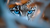 Intense blue eyes of snow leopard in close-up view through blurred foreground elements creating mysterious and dramatic wildlife photography effect.