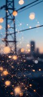 Abstract network of glowing connected dots and lines against urban twilight skyline with bokeh lights, creating futuristic technology concept visualization.