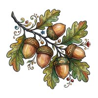 Decorative oak branch with acorns and ornamental leaves isolated on white background, suitable for autumn designs, fall crafts, and seasonal graphic projects.