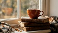 Steaming cup of tea on stacked vintage books by a rainy window with autumn leaves and cozy blanket, warm fall atmosphere.