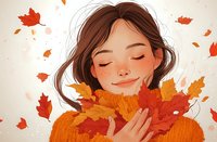 Young Asian woman with freckles in orange sweater holding autumn maple leaves, eyes closed with gentle smile, surrounded by falling red foliage against light background.