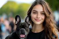 Young Caucasian woman with long brown hair smiling while holding adorable French Bulldog outdoors in sunny park setting for lifestyle photography.