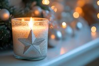 Glowing candle in glass holder decorated with silver star against blurred Christmas lights background creates cozy winter holiday atmosphere.