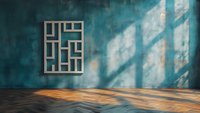 Modern geometric wall art in empty room with dramatic sunlight streaming through windows onto turquoise wall and herringbone wooden floor.