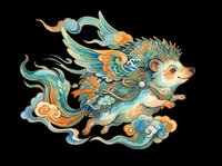 Flying hedgehog in ornate Chinese style with teal, gold, and orange swirling clouds, isolated on transparent background, ready for stickers, t-shirt design, and print on demand.