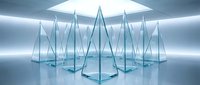 Transparent cone-shaped glass objects arranged in rows on reflective surface with studio lighting, suitable for corporate, technology, and abstract design projects.