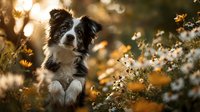 Border Collie dog sitting among wildflowers at golden hour, creating dreamy bokeh effect with warm autumn colors in natural outdoor setting.