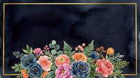 Watercolor floral bouquet with colorful roses and greenery on dark navy background with gold frame border.
