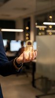 Businessman holding glowing digital padlock hologram in modern office, symbolizing cybersecurity, data protection, and network privacy concepts.