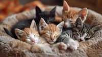 Sleeping kittens cuddled together in cozy bed, orange tabby and black cats napping in soft blanket, peaceful domestic pets resting in warm light.