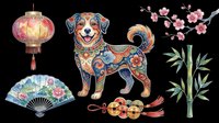 Colorful dog with ornamental Asian design elements, isolated on transparent background. Ready for t-shirts, clipart, stickers, print-on-demand products, and sublimation designs.