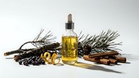 Natural pine essential oil in glass dropper bottle with fresh evergreen branches, cones and cinnamon sticks for aromatherapy and wellness treatments.