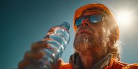 Bearded Caucasian man in sunglasses drinking water from plastic bottle outdoors with bright sunlight creating lens flare effect against blue sky background.