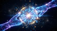 Digital hands reaching toward each other with glowing energy burst and neural network patterns on dark cosmic background for technology concepts.