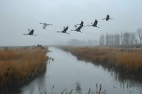 Flock of cranes flying over misty wetland landscape with autumn reeds and calm river reflection in early morning fog, creating atmospheric nature scene.
