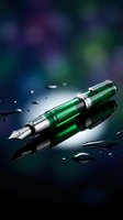 Green fountain pen with chrome accents lies on reflective surface surrounded by water droplets against blurred blue and purple background, suitable for writing, luxury, and stationery design projects.