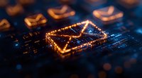 Glowing digital envelope icon on circuit board with neon orange light effect and bokeh background, representing electronic mail and digital communications technology.