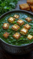 Pan-seared paneer cubes floating in vibrant green spinach curry sauce served in traditional clay pot, garnished with fresh herbs for authentic Indian cuisine.