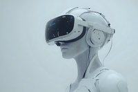 Futuristic female figure wearing virtual reality headset and headphones in monochromatic white design against minimal background.
