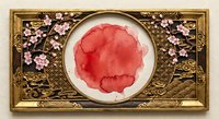 Ornate golden frame with cherry blossoms surrounding red watercolor circle, traditional Asian design elements for decorative arts and cultural projects.