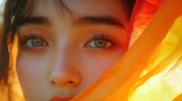 Young Asian woman with striking eyes in warm golden sunlight creating dramatic shadows and lens flare effects across her face during golden hour photography.
