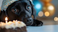Black dog wearing birthday crown looking at cake with candle against blurred festive lights background.