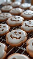 Freshly baked Halloween cookies with white icing skull faces cooling on wire rack, spooky seasonal treats for autumn celebrations and holiday baking projects.
